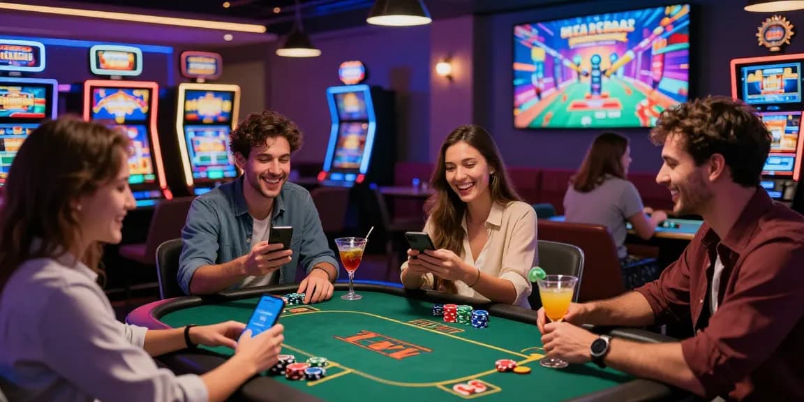 Friends enjoying gaming at credit card casinos with neon lights, cocktails, and excitement.