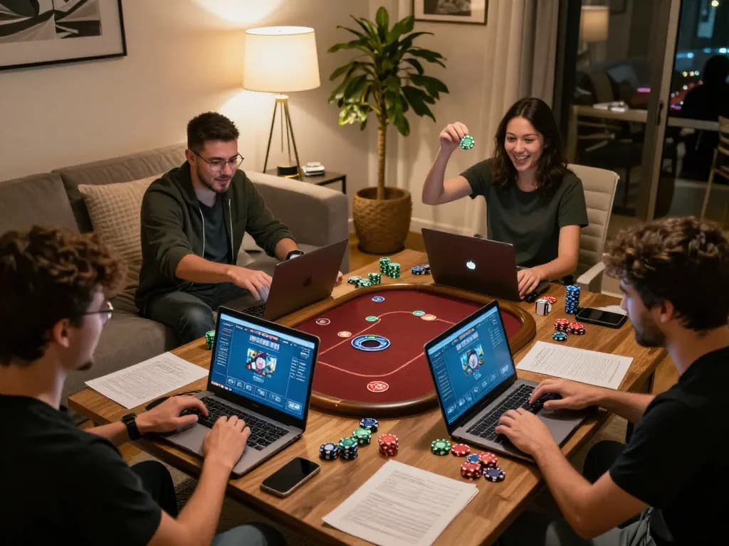 Players enjoying online poker on RR88 from their living room, showcasing excitement and strategy.