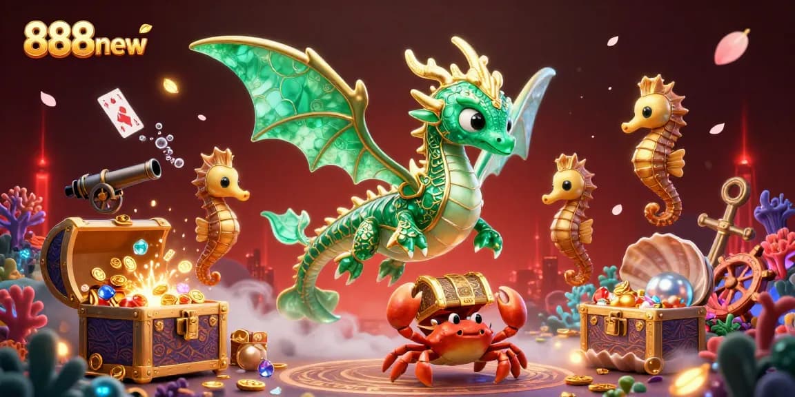 Engaging players in the vibrant realm of 888new, the sea dragon guards treasures amidst a lively underwater casino.