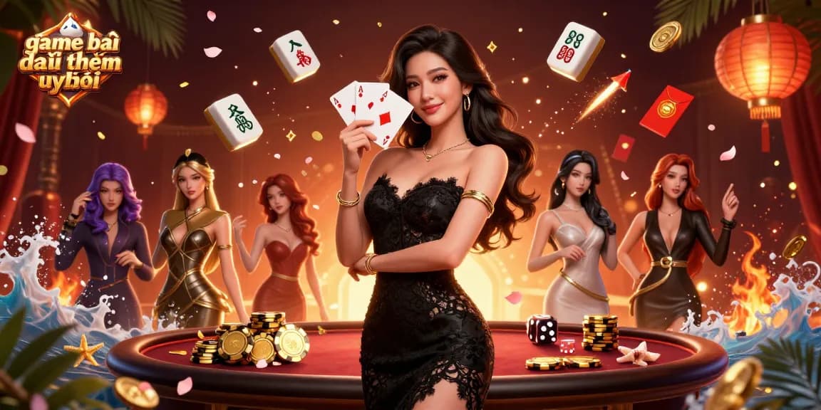 Experience the thrill of game bài đổi thưởng uy tín with luxurious visuals of a woman holding aces and vibrant casino elements.