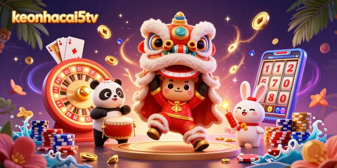 Experience exciting gaming with keonhacai5tv, featuring dynamic characters and vibrant casino elements.
