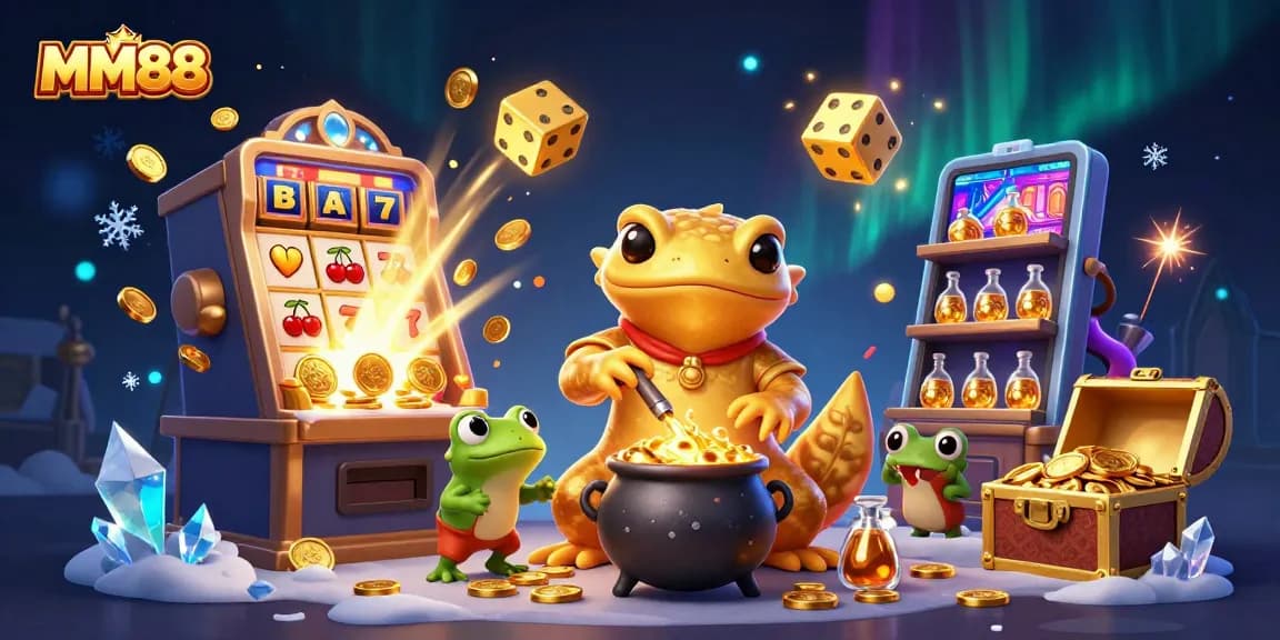 Experience MM88 with an enchanting scene of a golden salamander alchemist and a vibrant casino atmosphere.