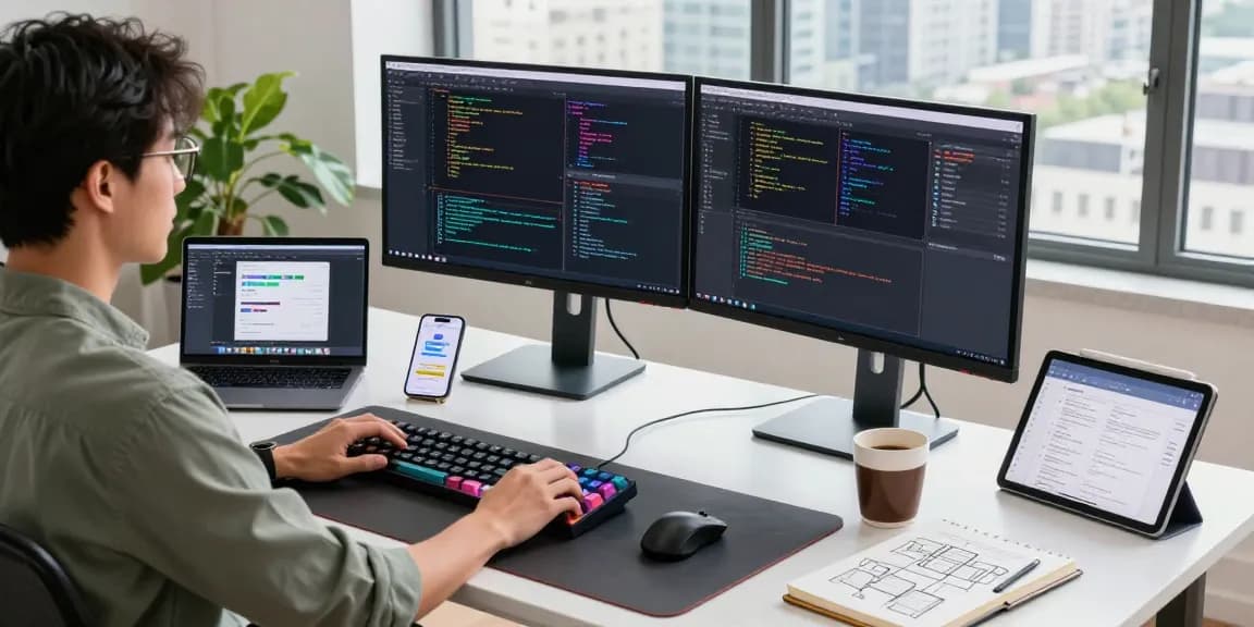 Developer coding on dual monitors at workspace with telegramin-cn.com design elements, vibrant tech atmosphere.