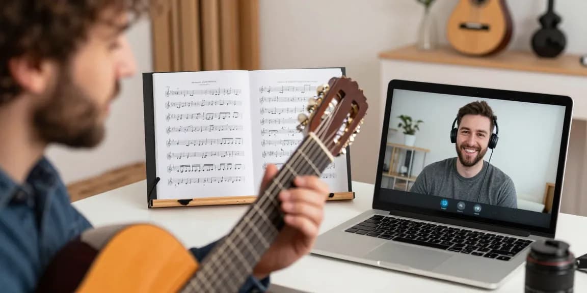 Zoom Classical Guitar Lessons with an instructor teaching online in a cozy home studio.