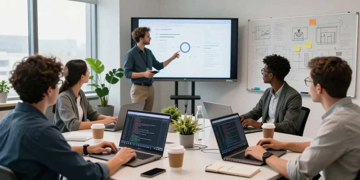 Team collaborating to build internal tools with AI in a modern office setting, showcasing coding, creativity, and teamwork.