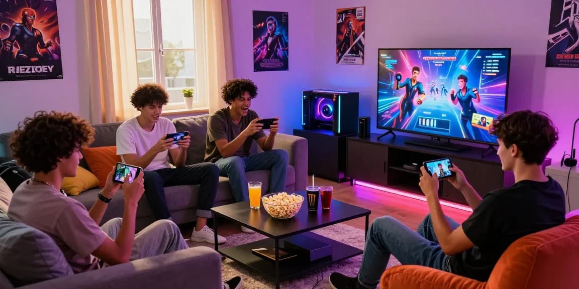 Group playing gay ecchi games in a cozy living room with snacks and gaming gear.