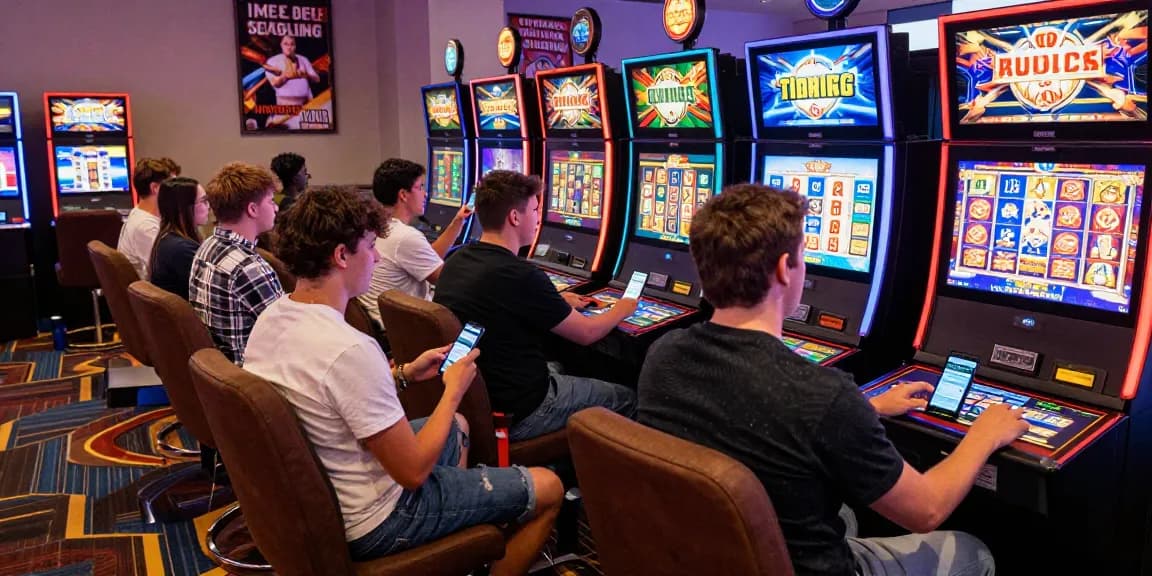 Engaged players enjoying exciting slot games in a vibrant online casino setting.