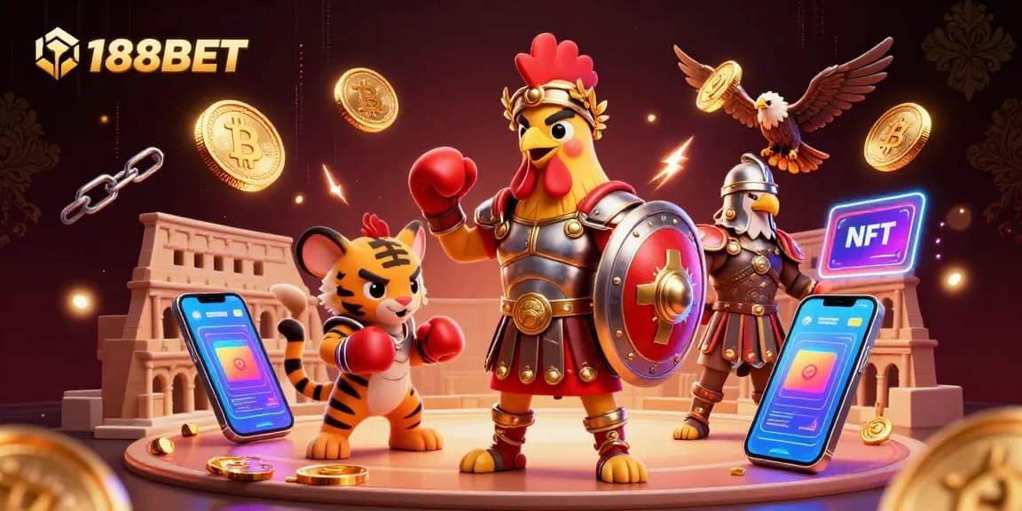 Experience thrilling gameplay with 188BET featuring a dynamic scene of a gladiator rooster, a tiger cub, and crypto elements.