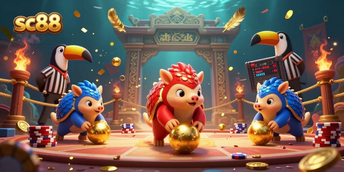 sc88 betting pangolins compete in a dynamic casino scene with poker chips and golden balls.
