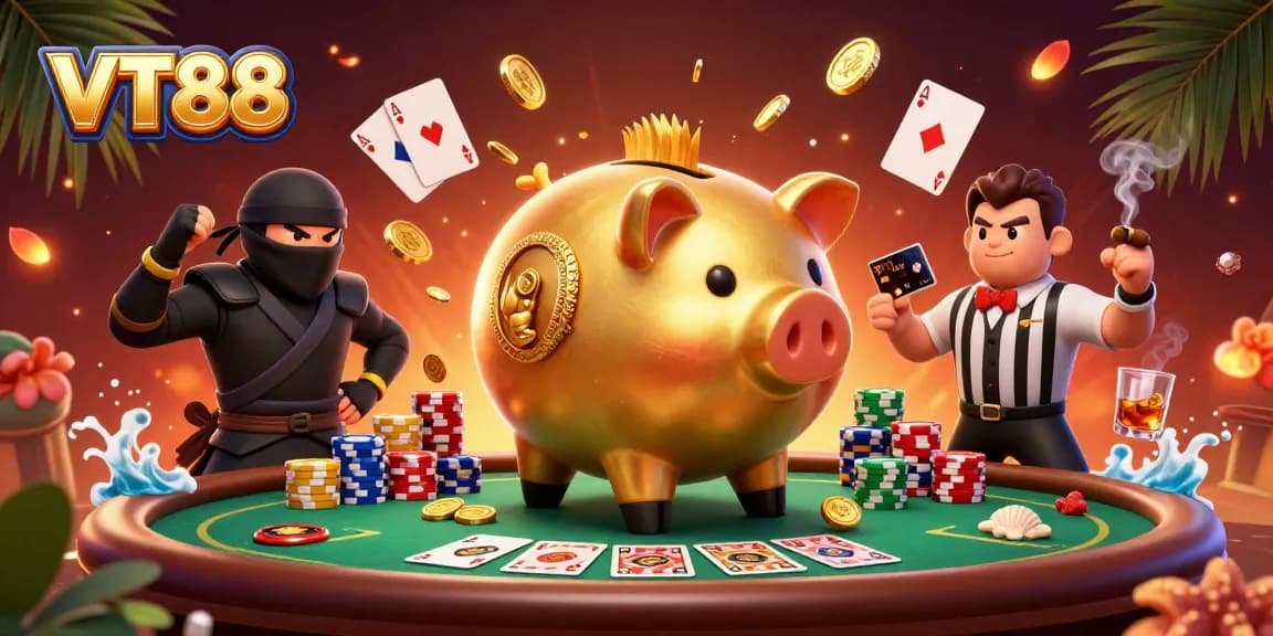 Engage with exciting poker battles at VT88 featuring vibrant characters and casino elements.