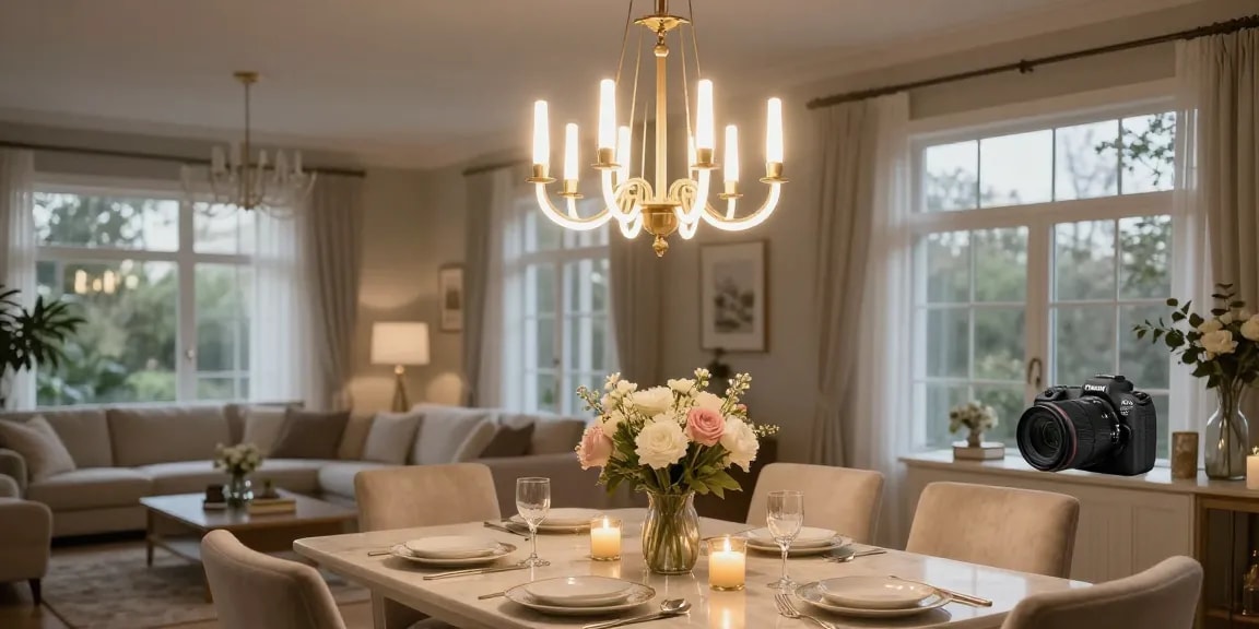 Candelabru LED elegant suspendat deasupra unei mese frumos aranjate, creând o atmosferă caldă.