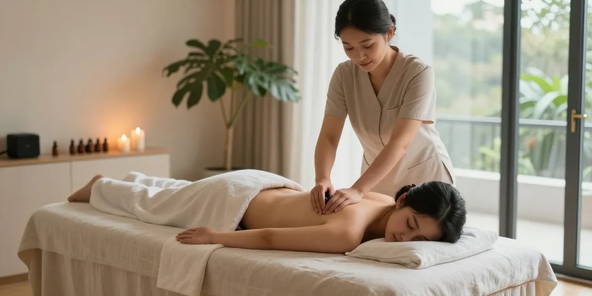Serene massage therapy session highlighting 김포출장안마 with calming ambiance and professional therapist.