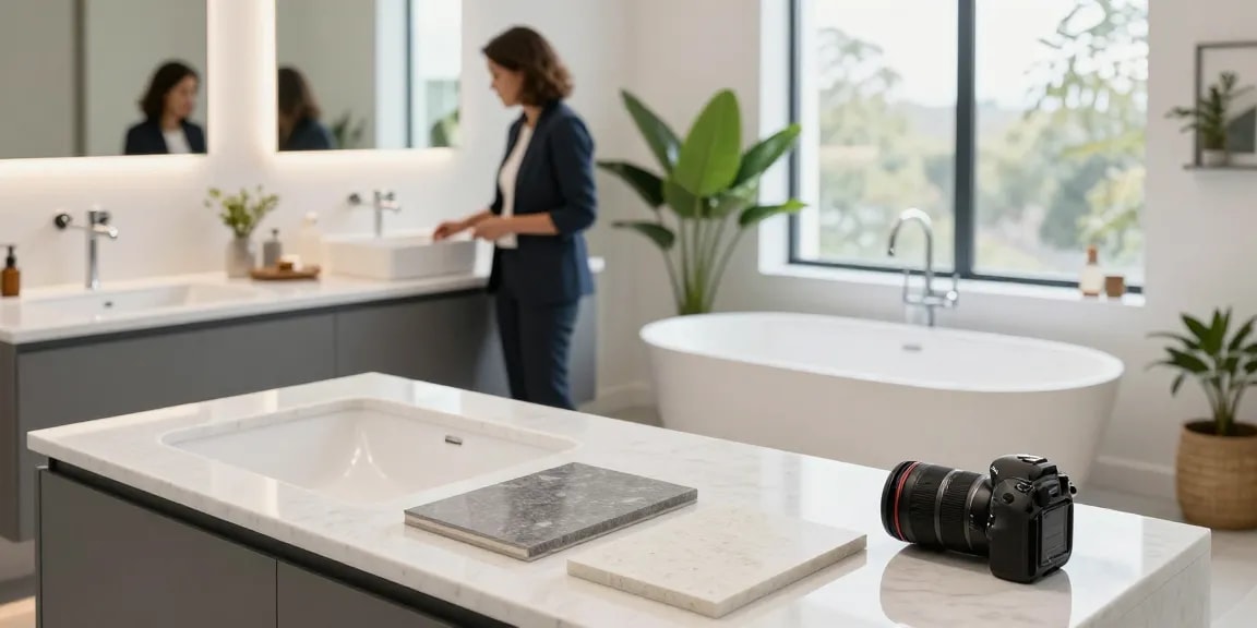 KKR solid surface elegant bathroom design showcasing seamless countertops and sinks.
