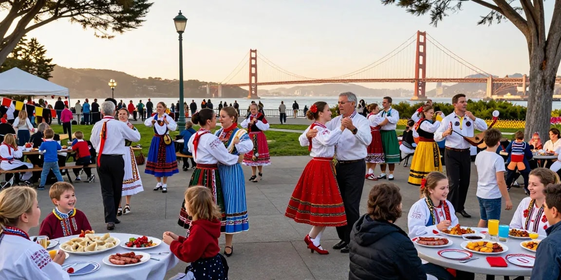 Polish community gathering at a park in San Francisco, featuring traditional dances and cultural celebrations, linked to https://www.sfpol.com/.