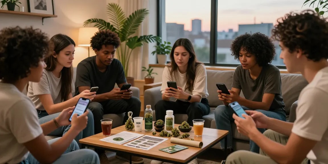 Engaging discussion about cannabis in an urban setting, showcasing community on a weed telegram.