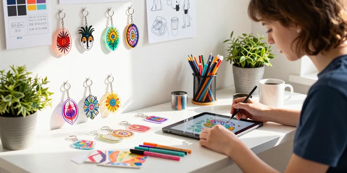 Custom acrylic keychains displayed in a bright creative workspace, showcasing vibrant designs.