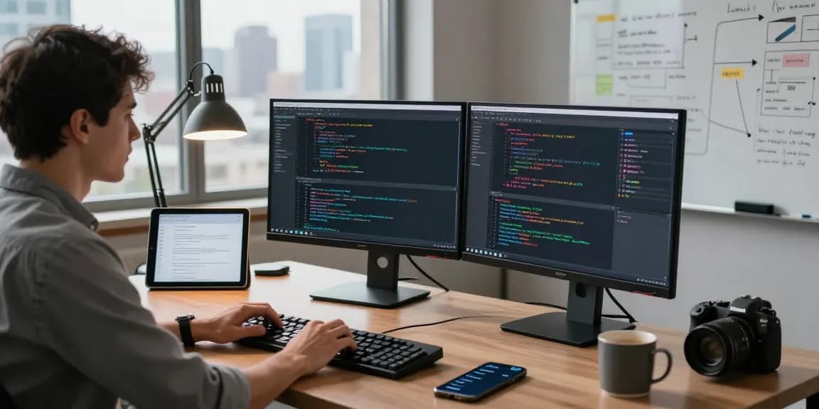 Developer coding large language models on dual monitors in a modern tech workspace.
