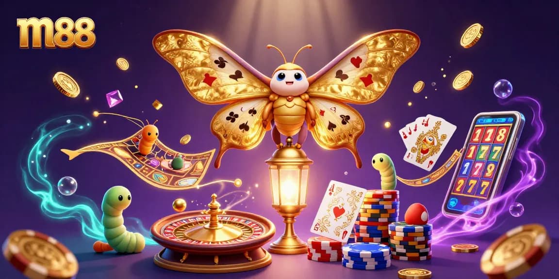 Experience thrilling gaming with m88, showcasing vibrant slots and majestic moths amidst dazzling casino scenes.