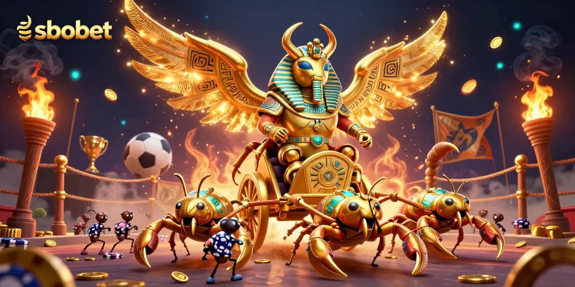 Engage in sbobet sports betting with a vivid illustration featuring a golden beetle and dynamic betting elements.