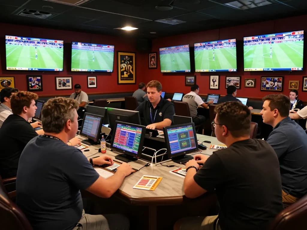 Excited players in a sports betting lounge engaging with llwin Download on multiple screens, capturing the thrill of sports gambling.