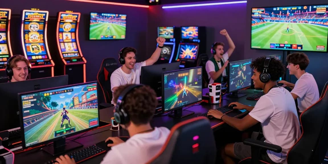 Exciting HITCLUB gaming community scene with players cheering and gaming together