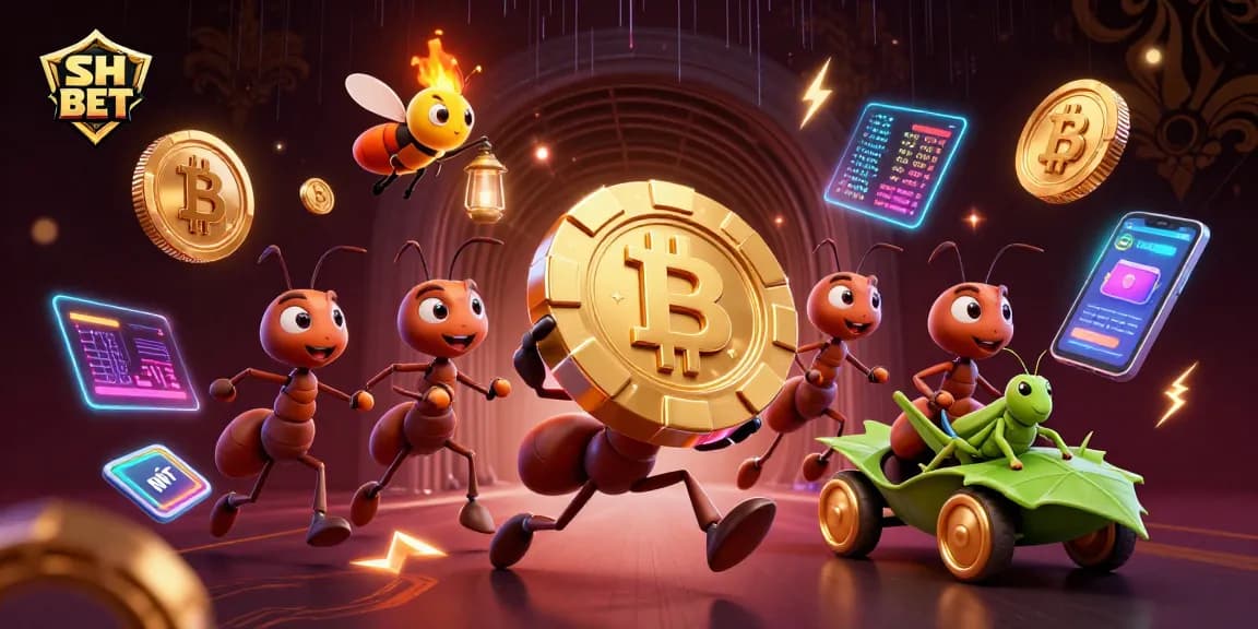 Experience high-stakes gambling with SH BET as cartoon ants steal giant poker chips in a vibrant 3D scene.
