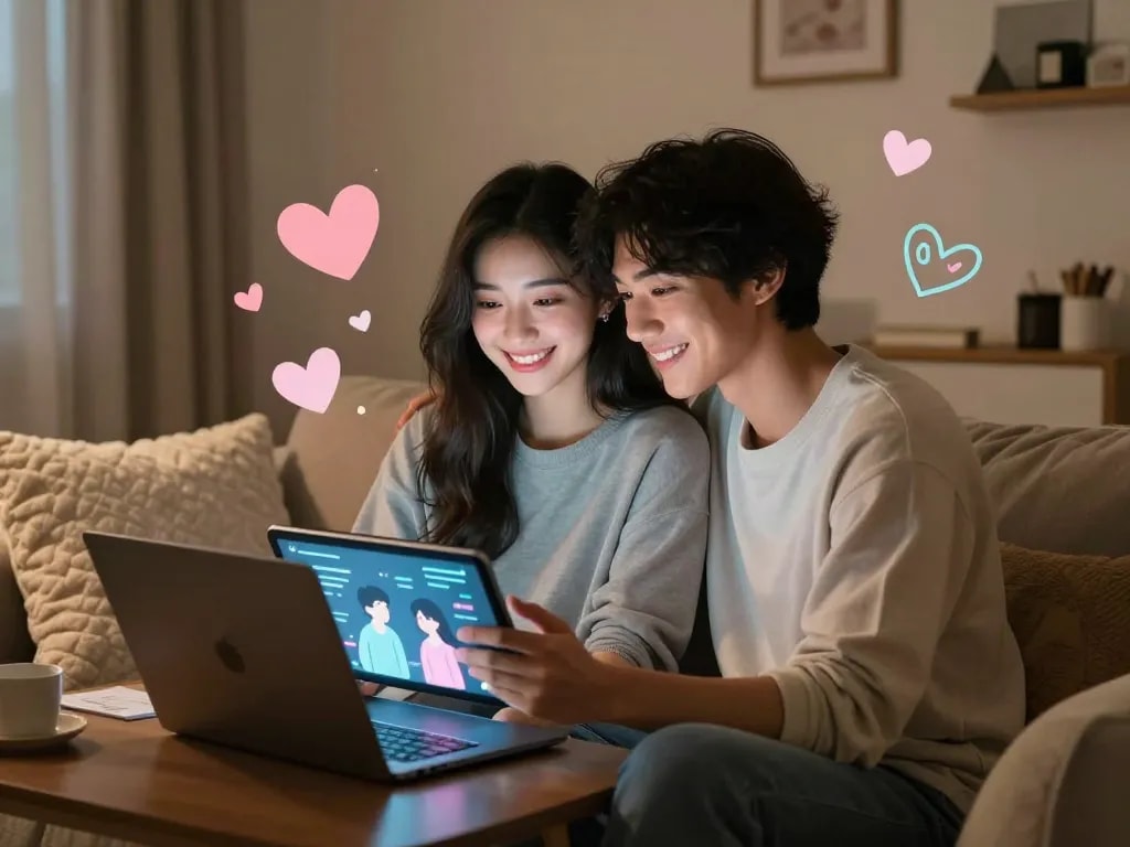 AI gf virtual romance between a couple in a cozy digital space with soft lighting.