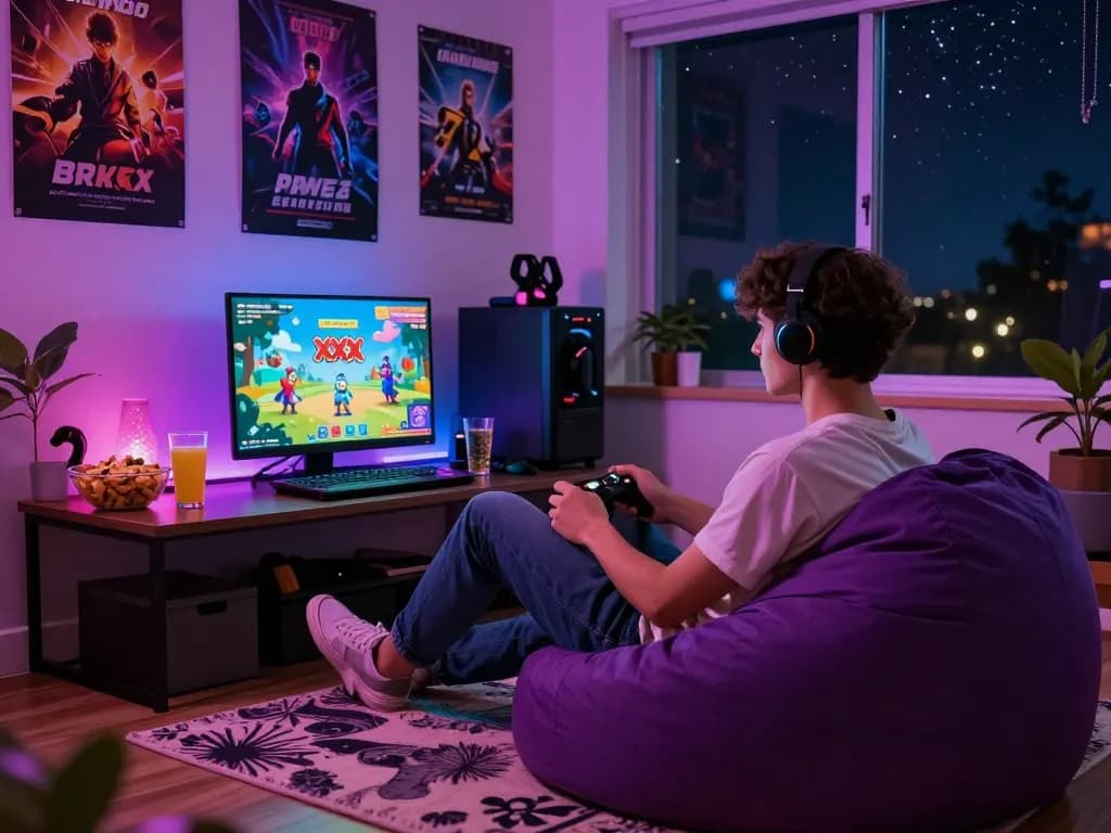 Gamer enjoying XXX games in a cozy den with snacks and vibrant game graphics.