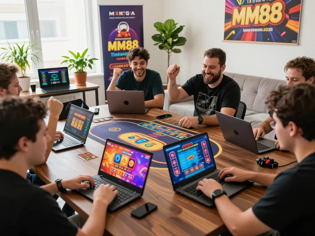 Players enjoying MM88 games in a vibrant online gaming environment, showcasing excitement and community.