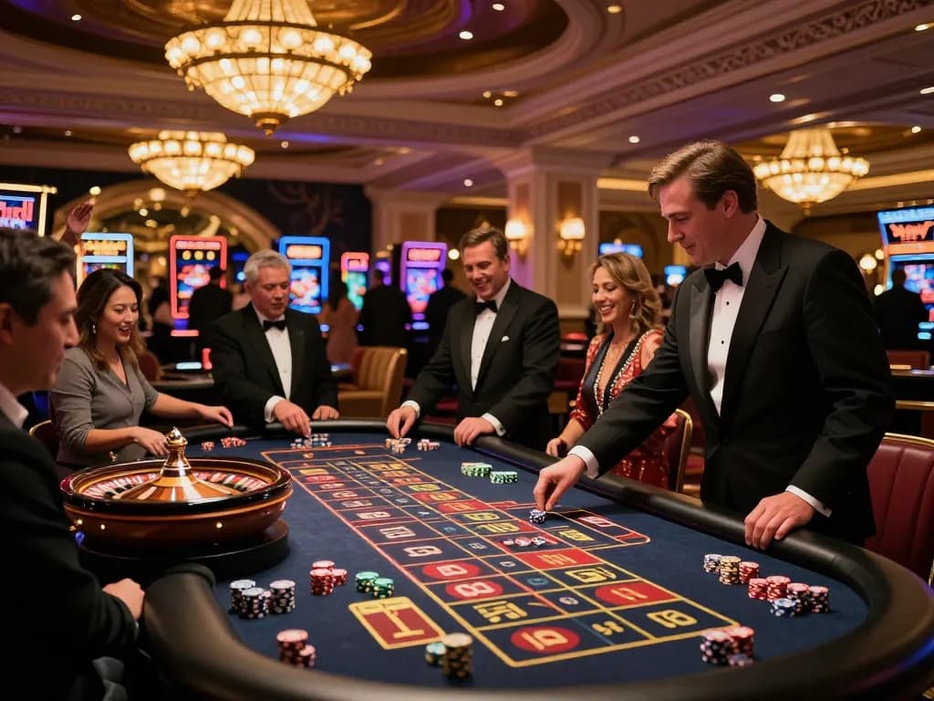 VT88 patrons placing bets at an exciting roulette table in a vibrant Las Vegas casino.