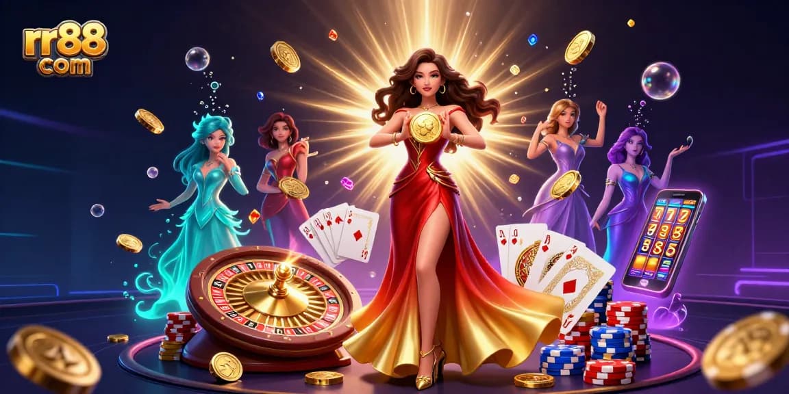 Winning with rr88 com: a stunning 3D illustration of a glamorous Asian woman holding a golden coin amidst casino elements like chips and cards.