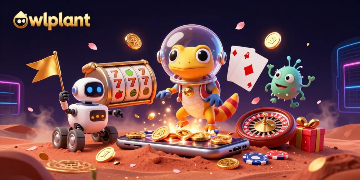 owlplant offers an engaging experience with a Martian gecko exploring a golden casino scene.