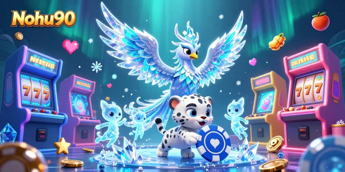 Nohu90 gaming scene with ice phoenix, snow leopard cub, and vibrant casino elements