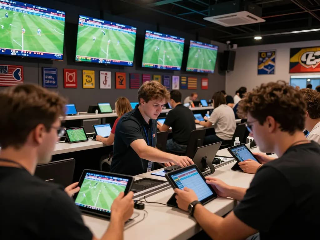 Excited bettors analyzing odds and placing live bets on nowgoal in a lively sports bar setting.