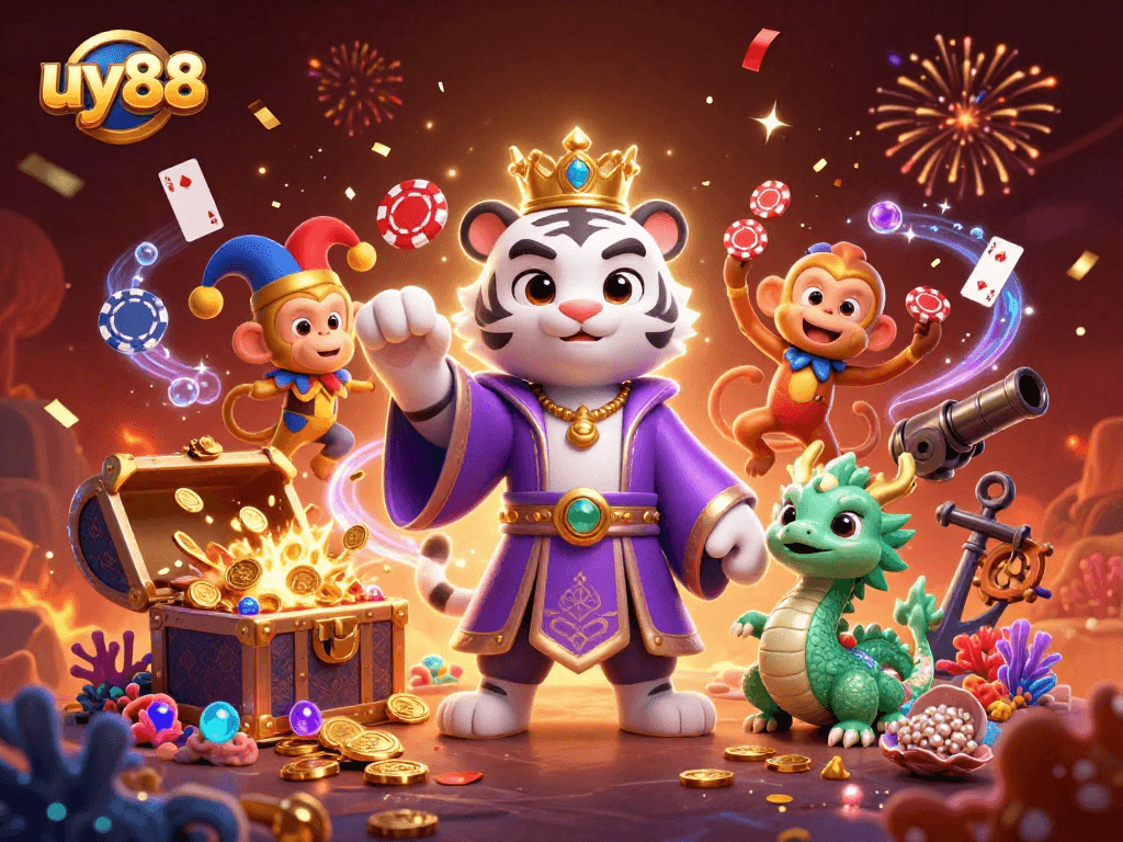 Experience the thrill of uy88 with an exciting casino scene featuring a royal tiger and a jester juggling poker chips.
