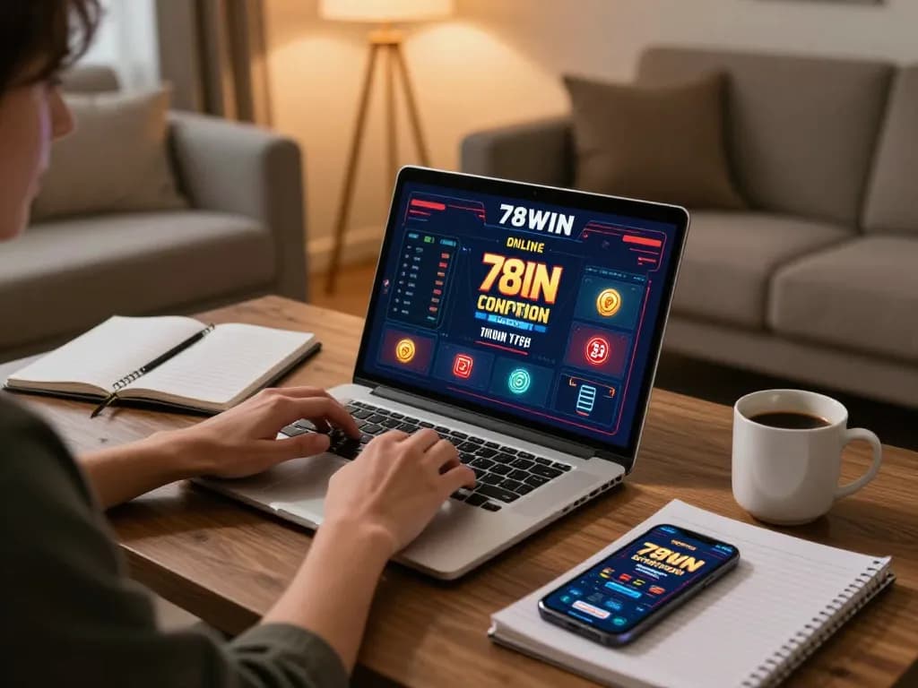 Player enjoying an online poker game on 78WIN in a cozy home setting with gaming strategy notes.