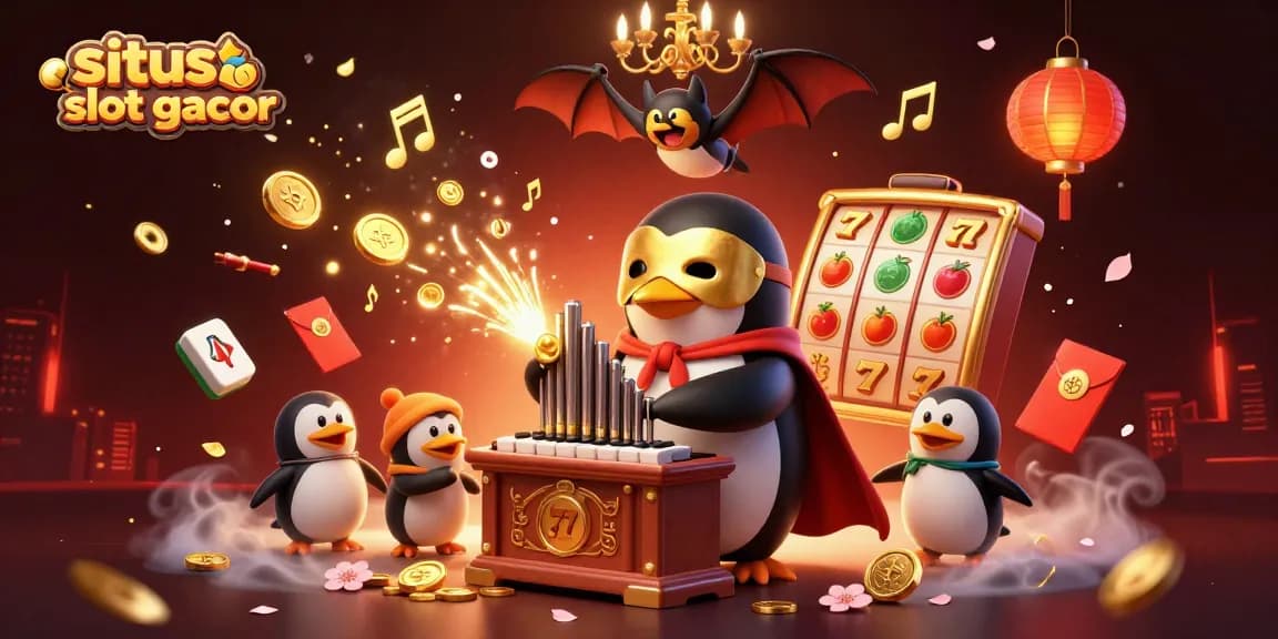 Experience the excitement of situs slot gacor with a vibrant cartoon scene featuring classic slot symbols and an opera penguin.