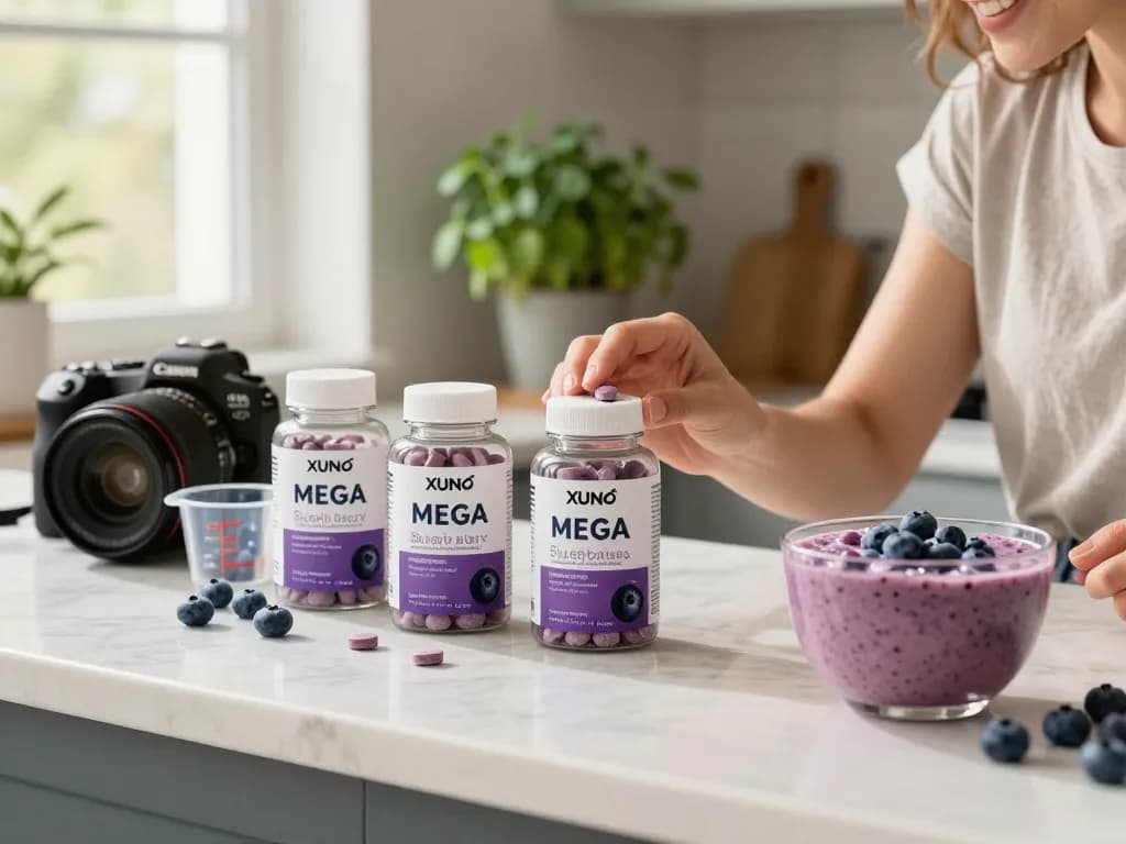 Xuno Mega Blueberry tablets on kitchen counter with fresh blueberries and a smoothie bowl, showcasing a vibrant health lifestyle.