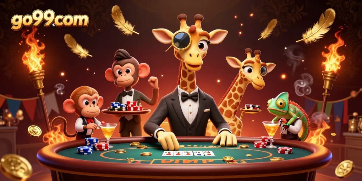 Experience high-stakes poker excitement at go99com with a lavish casino illustration featuring unique characters.
