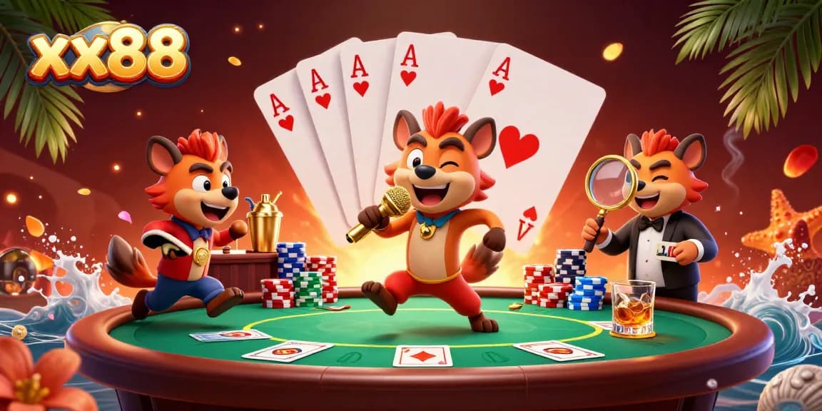 Experience an exciting gambling night at xx88, featuring playful hyenas in a dynamic casino setting.