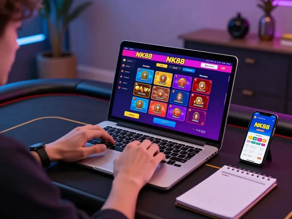 Engaging online gaming session featuring NK88 link on laptop with player strategizing bets.