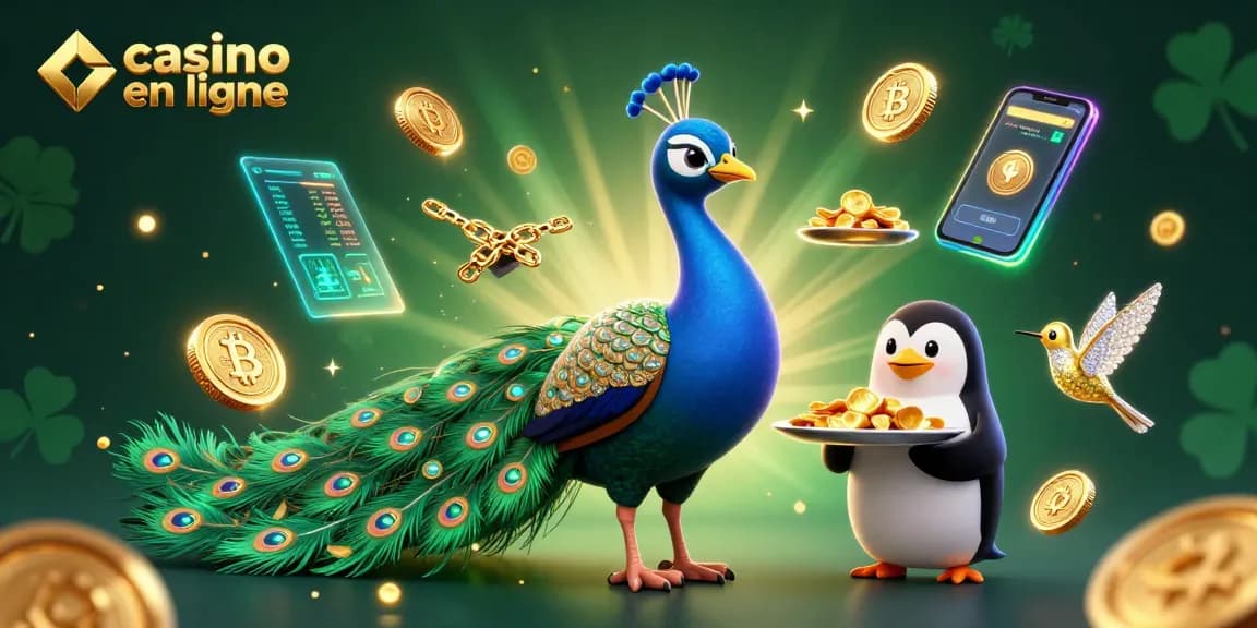 Jouez au casino en ligne avec une illustration vibrante de personnages animés entourés de jeux et symboles de casino.