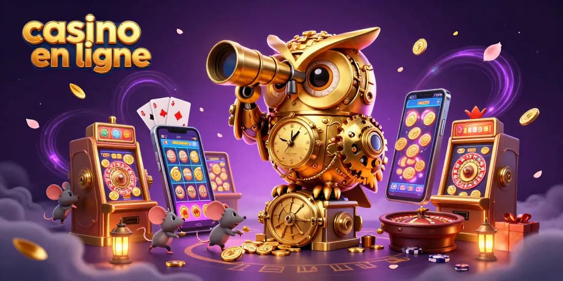 Des joueurs explorent un groupe de machines dans un casino en ligne avec une chouette dorée.