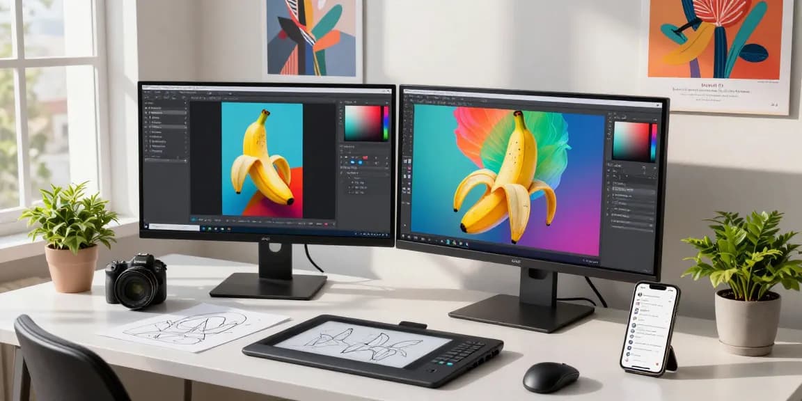 Designer editing images with nano banana AI technology in a bright workspace.