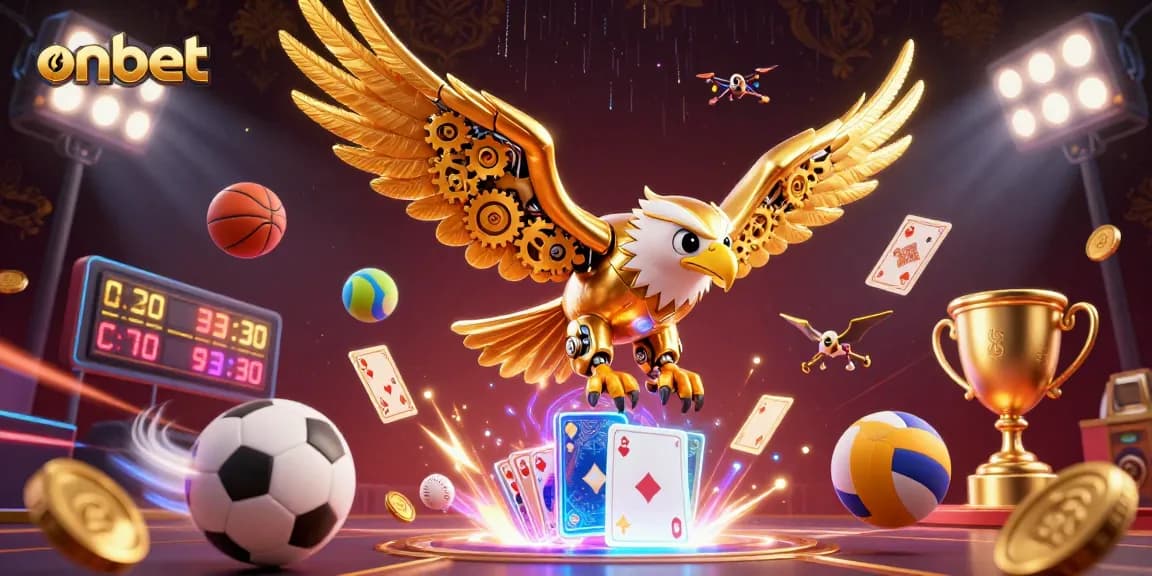 Experience thrilling action at onbet with a golden eagle diving through cards and sports elements.