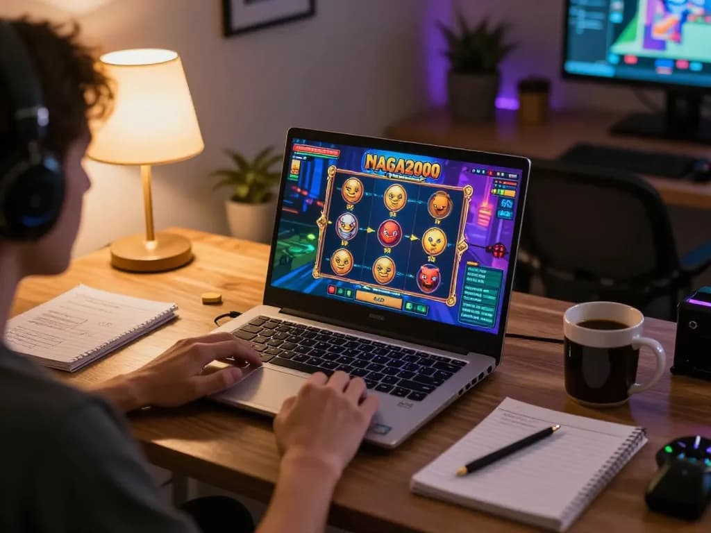 NAGA2000 player enjoying an engaging online slot game while planning strategy at home.