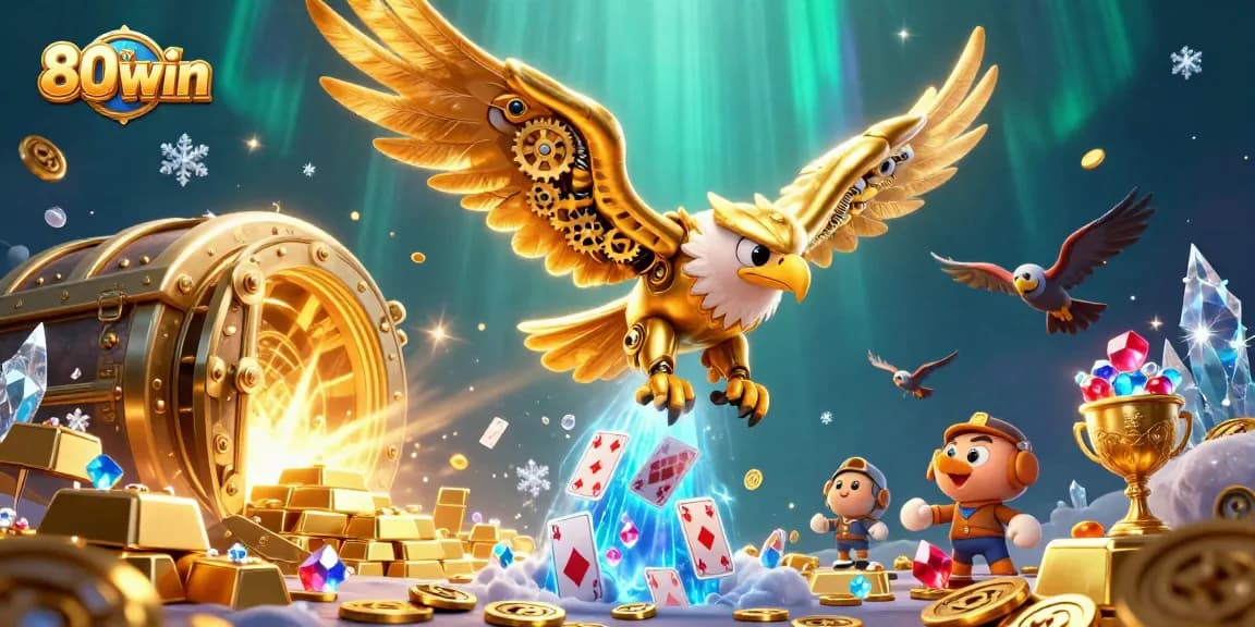 Experience thrilling gameplay at 80win with a vibrant illustration featuring a cybernetic eagle amidst dazzling casino elements.