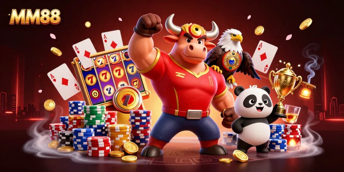 Experience thrilling wins with MM88's dynamic casino atmosphere featuring slots, poker, and vibrant characters.