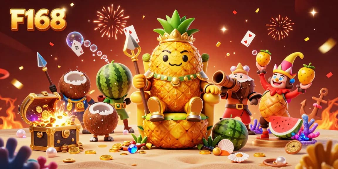 Experience F168's vibrant online casino world through this immersive 3D illustration featuring playful characters and dynamic game elements.