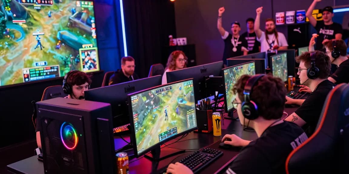PROOFCORE.IO featured in an exciting Esports gaming tournament atmosphere with intense players and dynamic lighting.